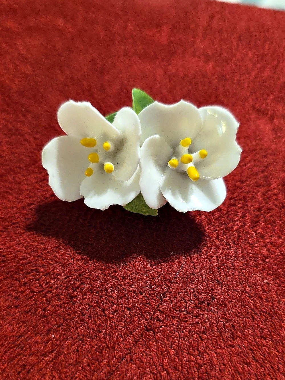 Denton China Floral Brooch in White & Green-Signed & Marked Made In England